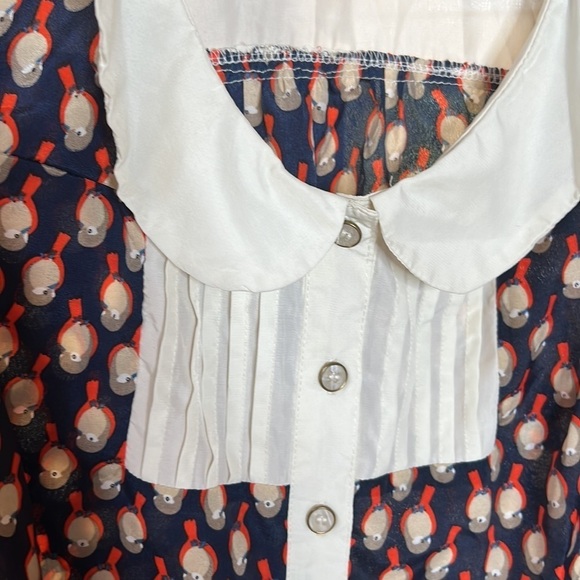 Vintage Metallic Sky Navy Blue Orange Bird Blouse Size Medium - Picture 2 of 6